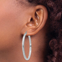 14K White Gold Diamond-cut 3.5x46mm Hollow Hoop Earrings-TC815