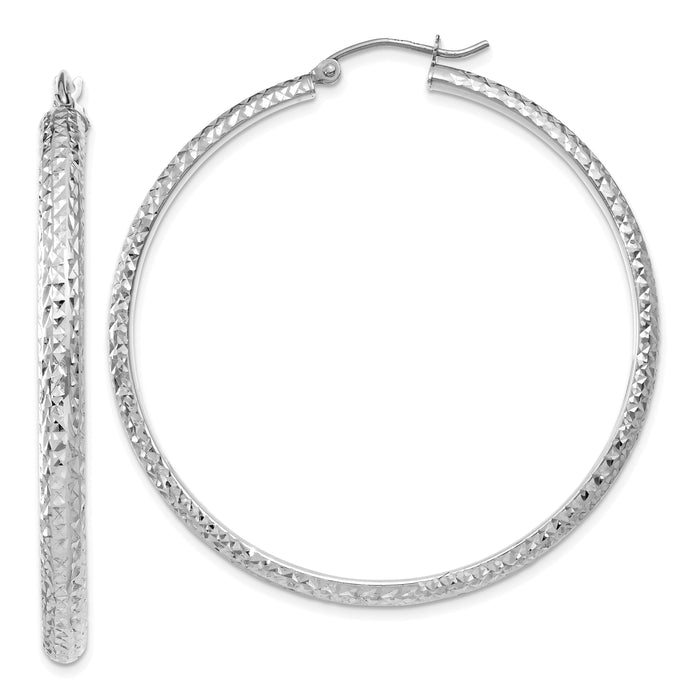 14K White Gold Diamond-cut 3.5x46mm Hollow Hoop Earrings-TC815