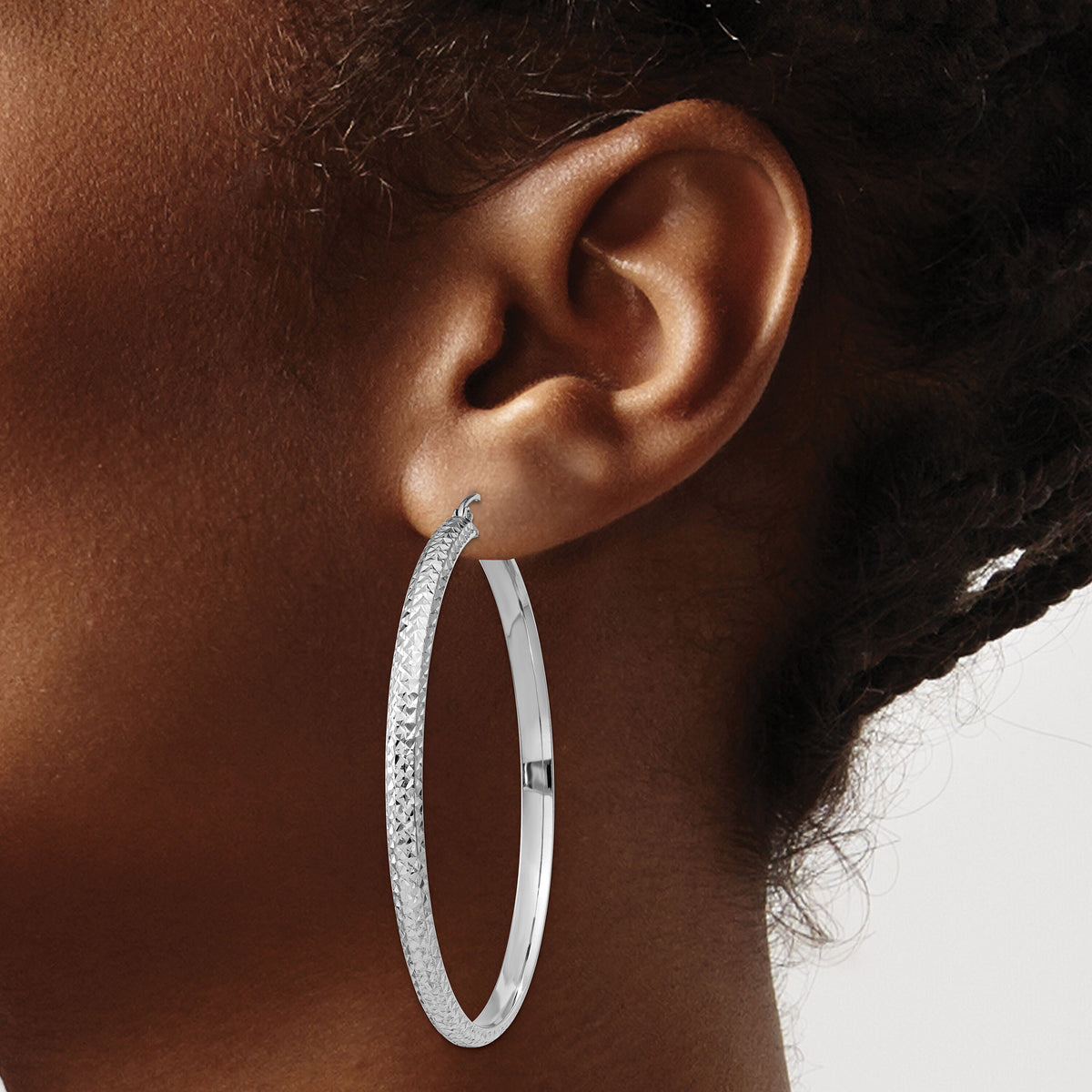 14K White Gold Diamond-cut 3.5x52mm Hollow Hoop Earrings-TC816