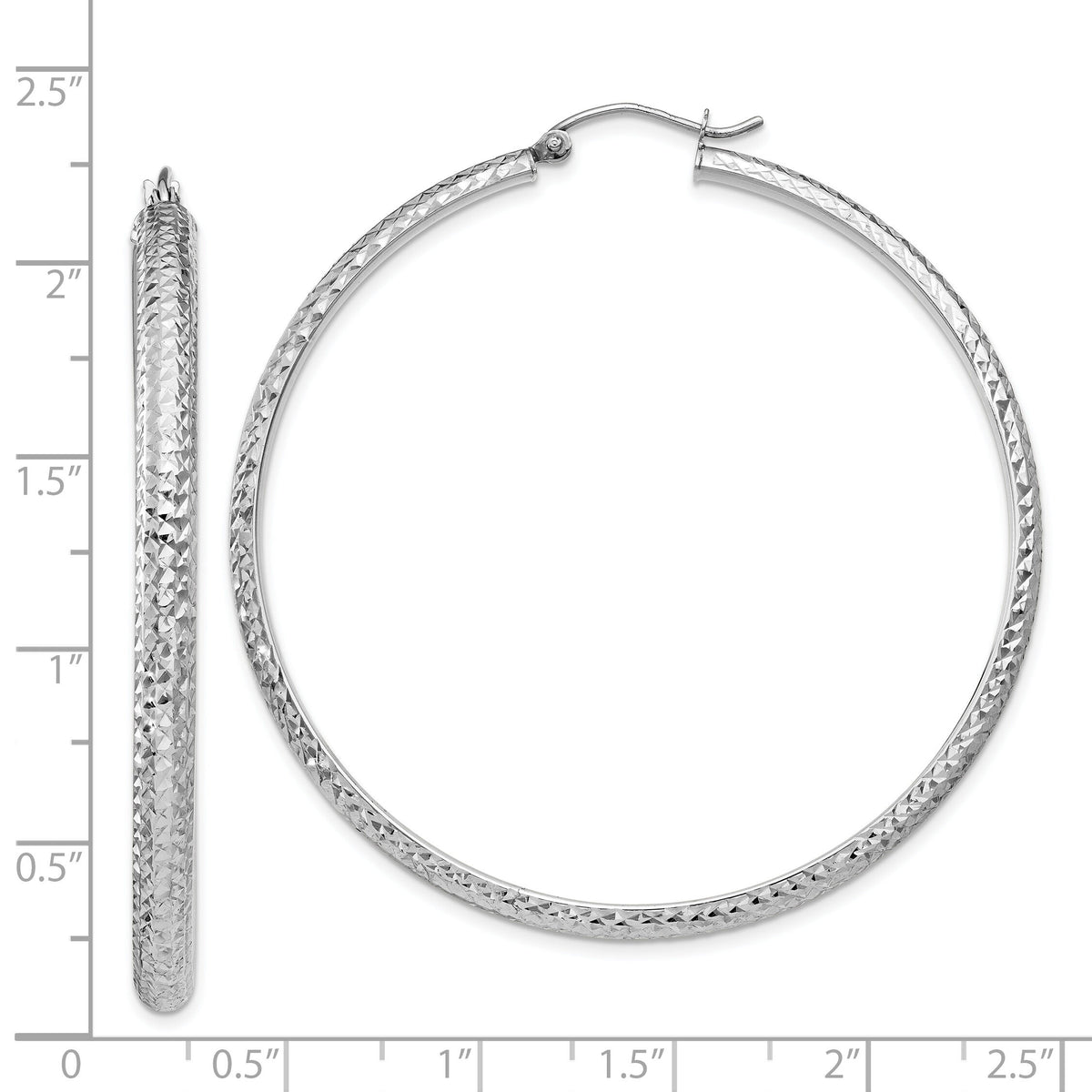 14K White Gold Diamond-cut 3.5x52mm Hollow Hoop Earrings-TC816