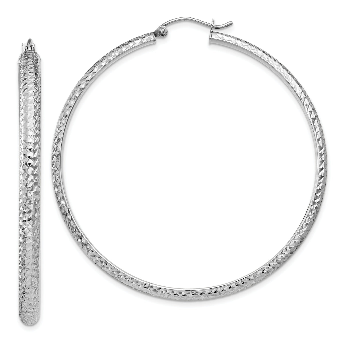 14K White Gold Diamond-cut 3.5x52mm Hollow Hoop Earrings-TC816