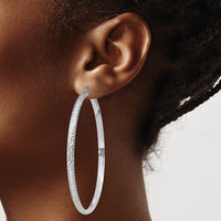 14K White Gold Diamond-cut 3.5x65mm Hollow Hoop Earrings-TC817