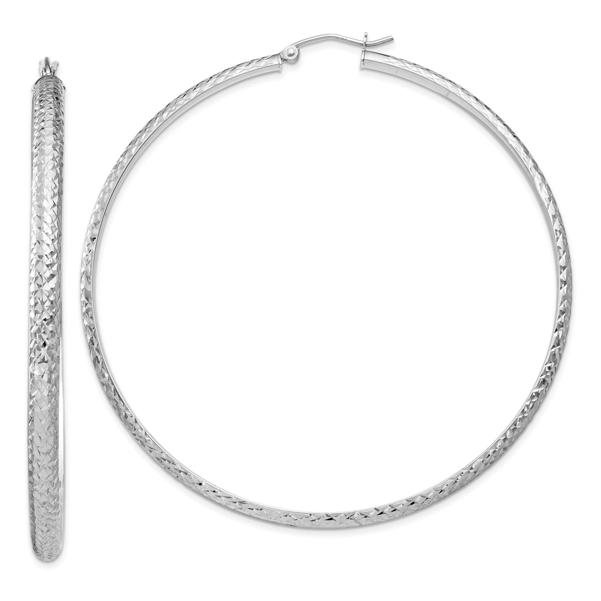 14K White Gold Diamond-cut 3.5x65mm Hollow Hoop Earrings-TC817