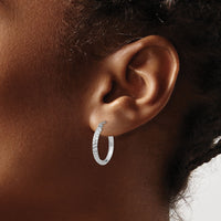 14K White Gold Knife Edge Diamond-cut 2.5x20mm Hoop Earrings-TC824