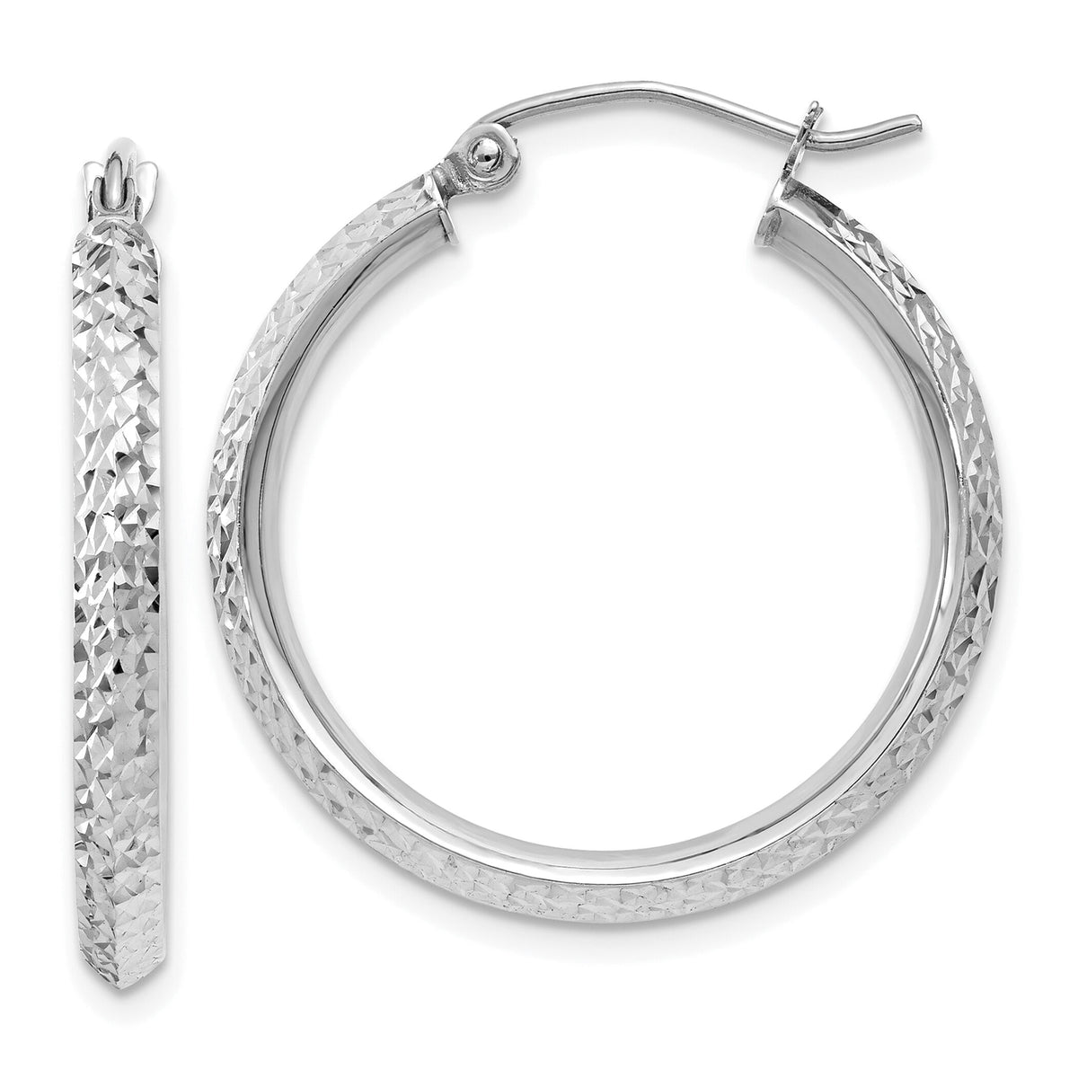 14K White Gold Knife Edge Diamond-cut 2.5x25mm Hoop Earrings-TC825