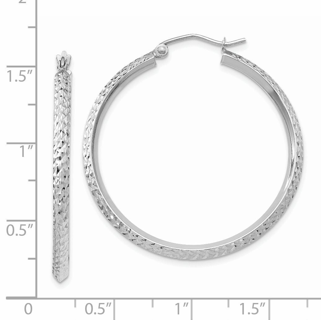 14K White Gold Knife Edge Diamond-cut 2.5x25mm Hoop Earrings-TC828