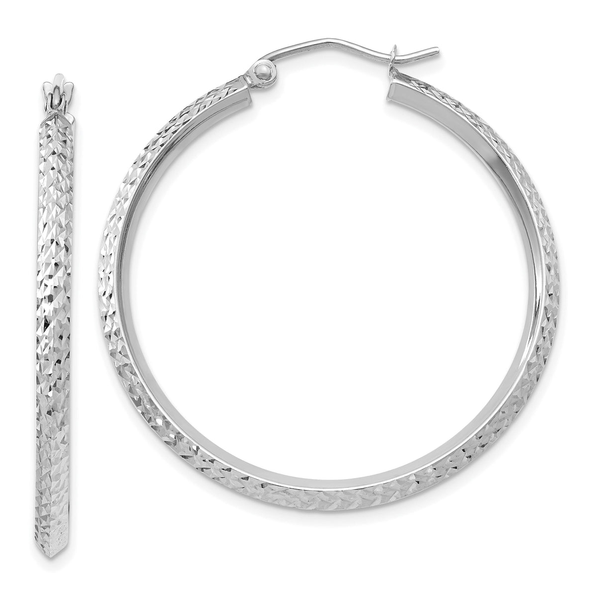 14K White Gold Knife Edge Diamond-cut 2.5x25mm Hoop Earrings-TC828