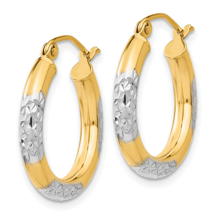 14K & Rhodium Diamond-cut 3x20mm Hoop Earrings-TC830