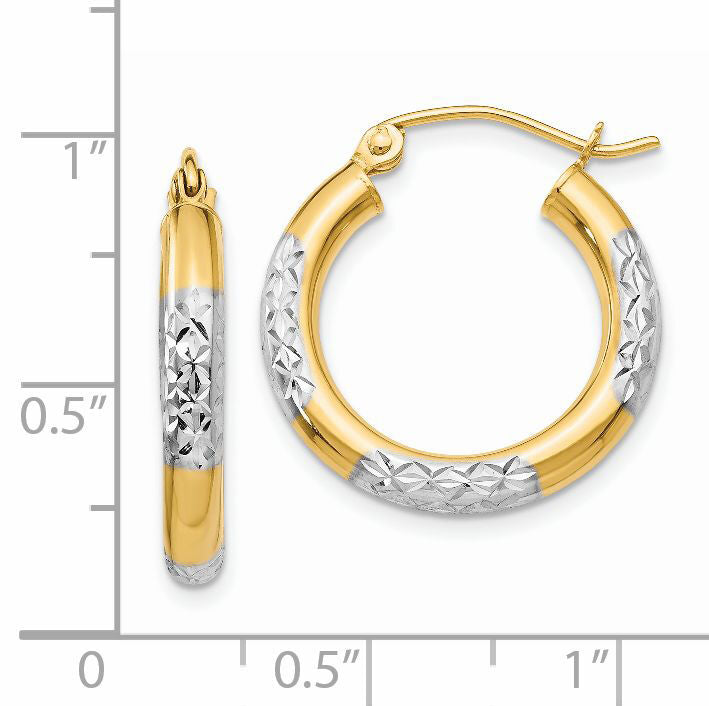 14K & Rhodium Diamond-cut 3x20mm Hoop Earrings-TC830