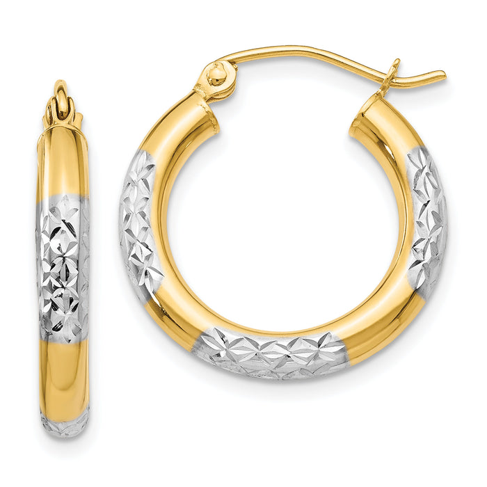 14K & Rhodium Diamond-cut 3x20mm Hoop Earrings-TC830