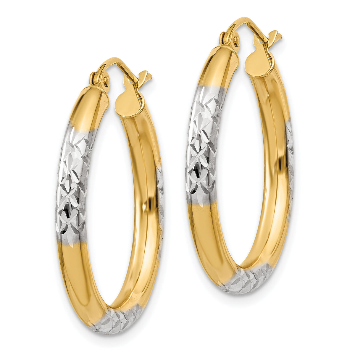 14K and Rhodium Diamond-cut 3x25mm Hoop Earrings-TC831