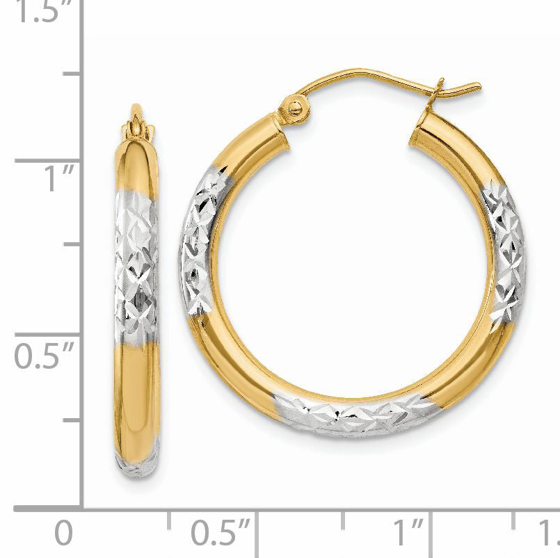 14K and Rhodium Diamond-cut 3x25mm Hoop Earrings-TC831