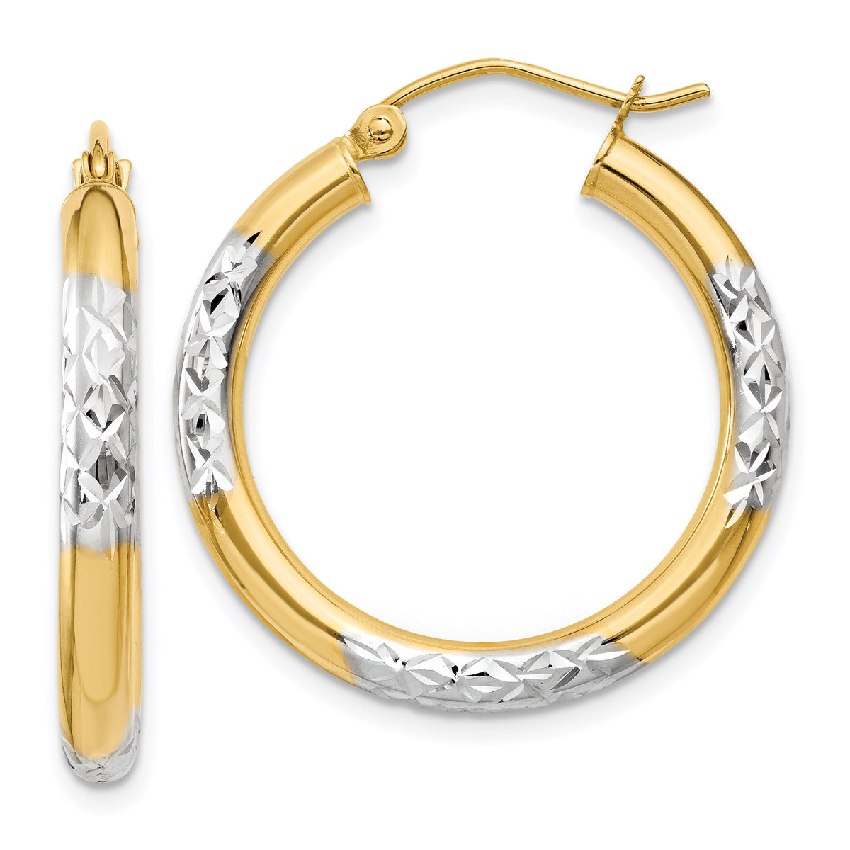 14K and Rhodium Diamond-cut 3x25mm Hoop Earrings-TC831