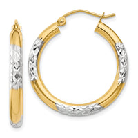 14K and Rhodium Diamond-cut 3x25mm Hoop Earrings-TC831