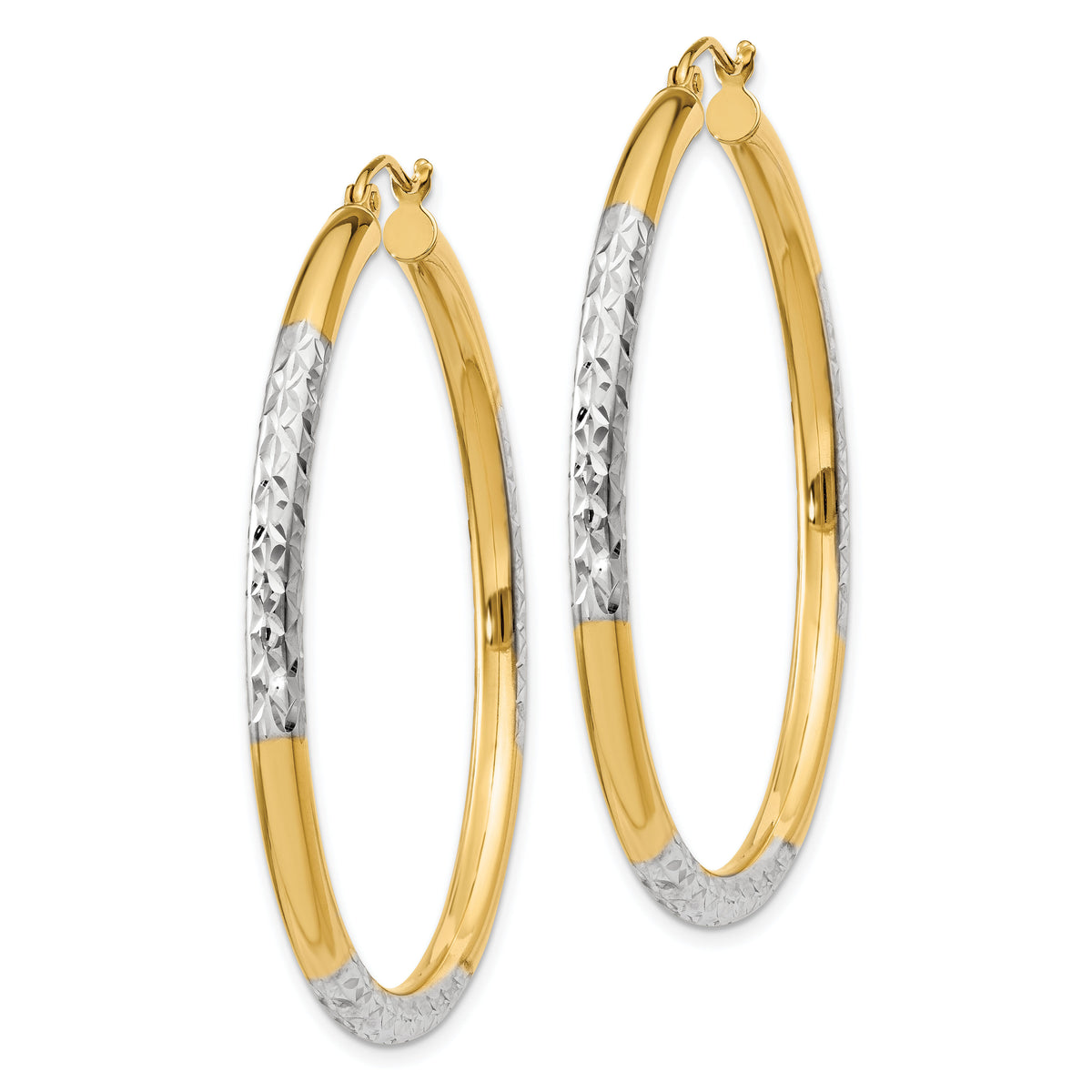 14K and Rhodium Diamond-cut 3x45mm Hoop Earrings-TC832