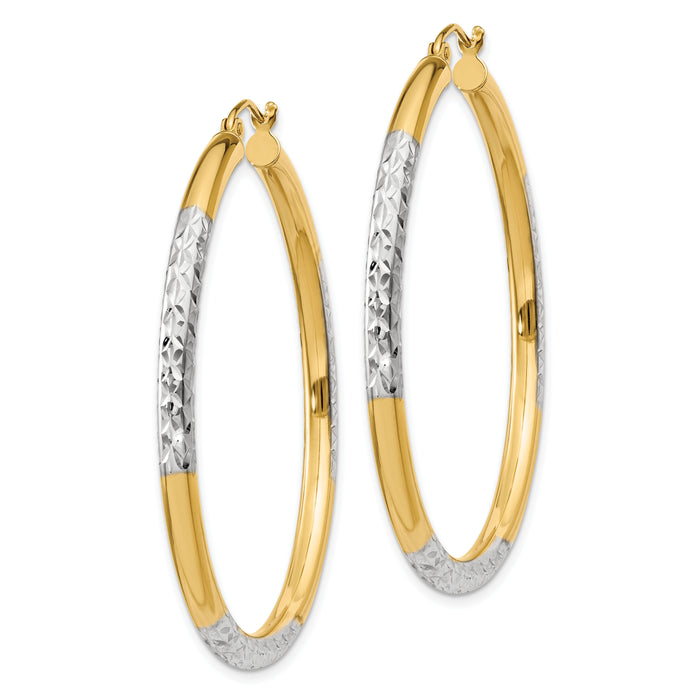 14K and Rhodium Diamond-cut 3x45mm Hoop Earrings-TC832