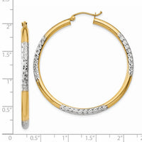 14K and Rhodium Diamond-cut 3x45mm Hoop Earrings-TC832