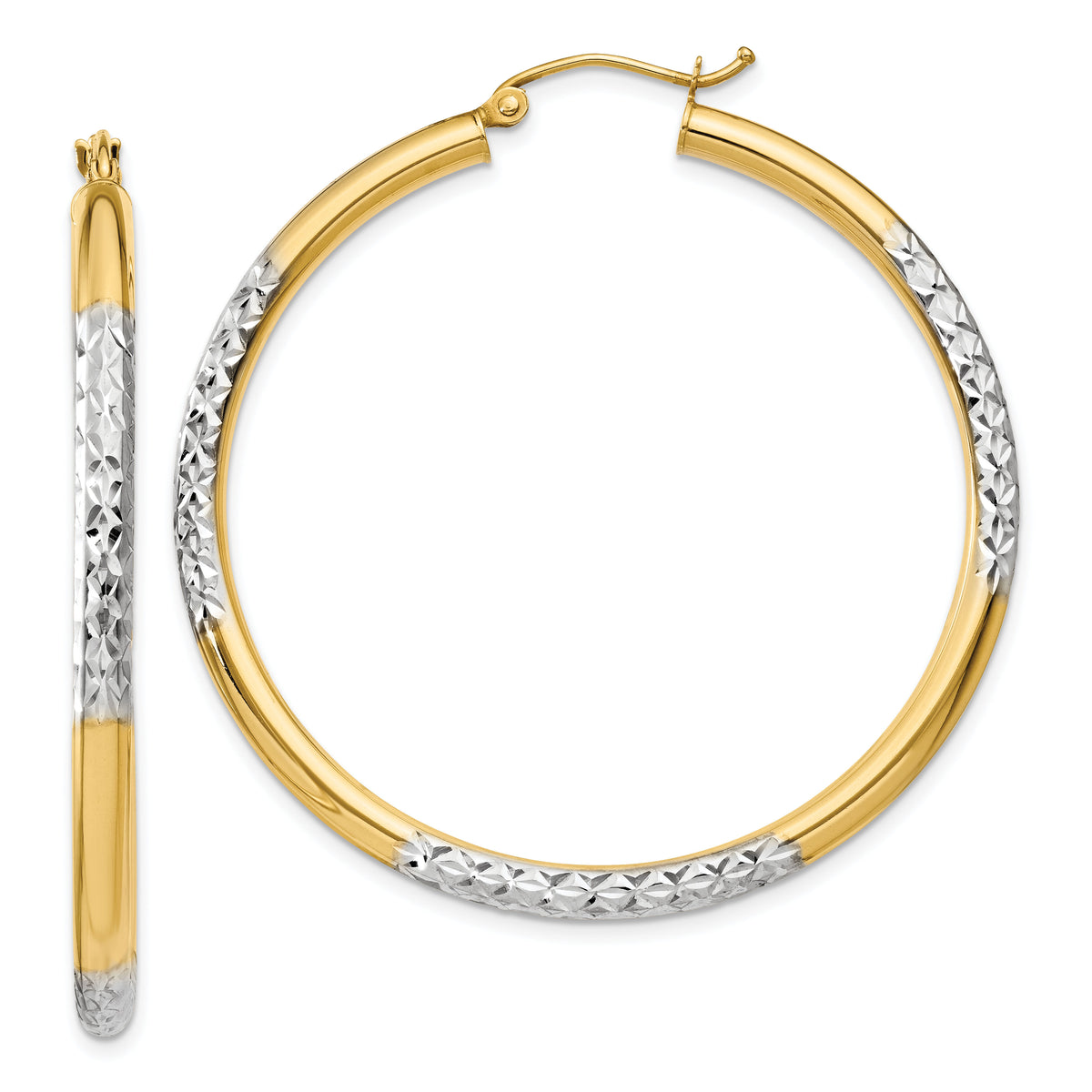 14K and Rhodium Diamond-cut 3x45mm Hoop Earrings-TC832