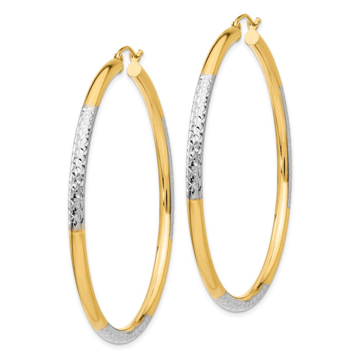 14K and Rhodium Diamond-cut 3x55mm Hoop Earrings-TC833