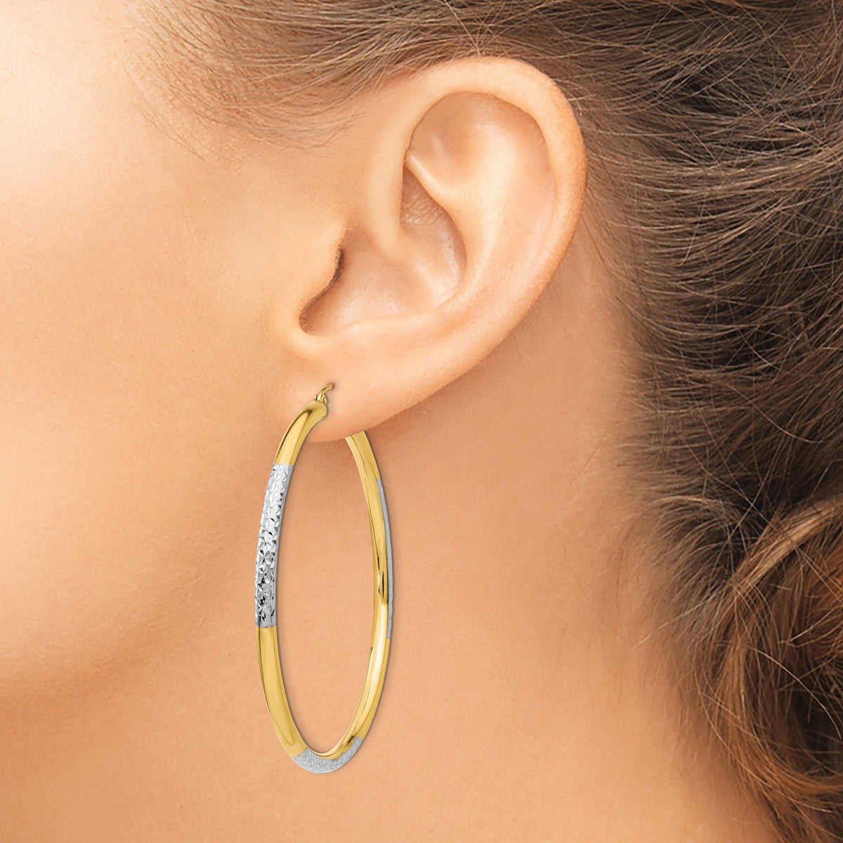 14K and Rhodium Diamond-cut 3x55mm Hoop Earrings-TC833