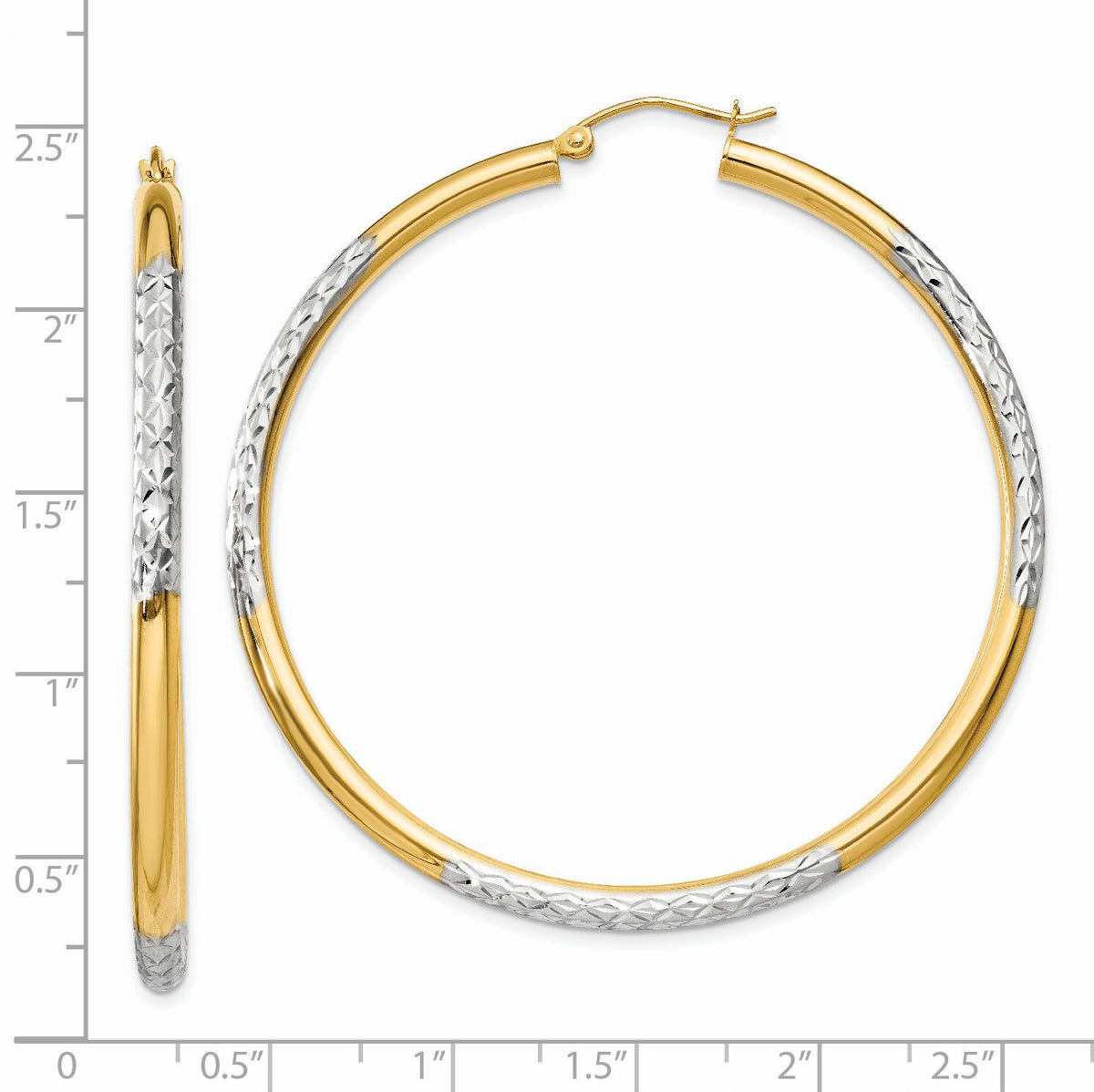 14K and Rhodium Diamond-cut 3x55mm Hoop Earrings-TC833