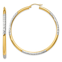 14K and Rhodium Diamond-cut 3x55mm Hoop Earrings-TC833