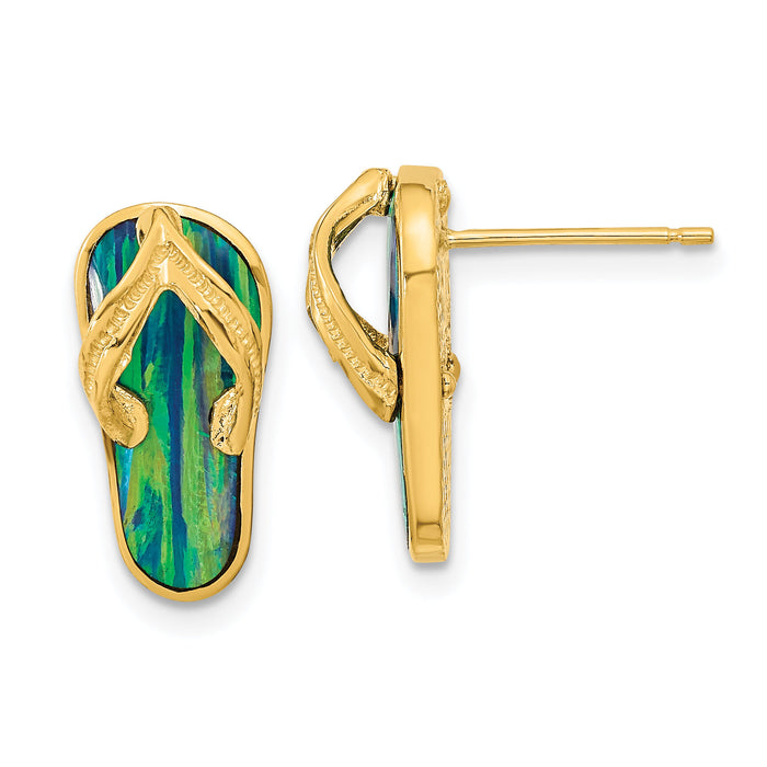 14k Polished w/Created Blue Opal Flip Flop Post Earrings-TC984