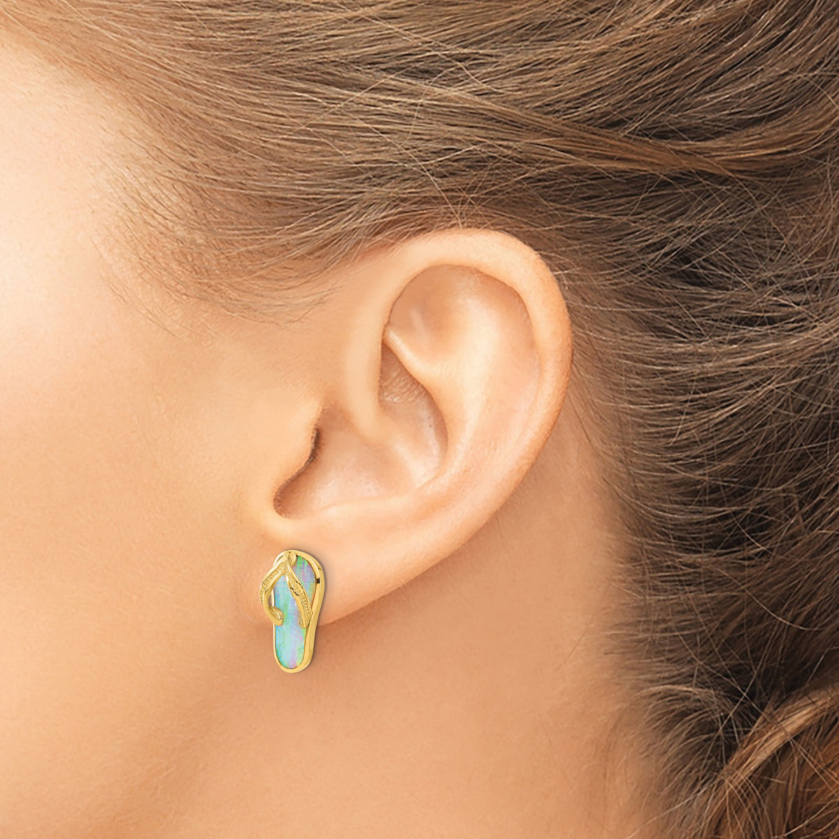 14k Polished w/Created White Opal Flip Flop Post Earrings-TC985