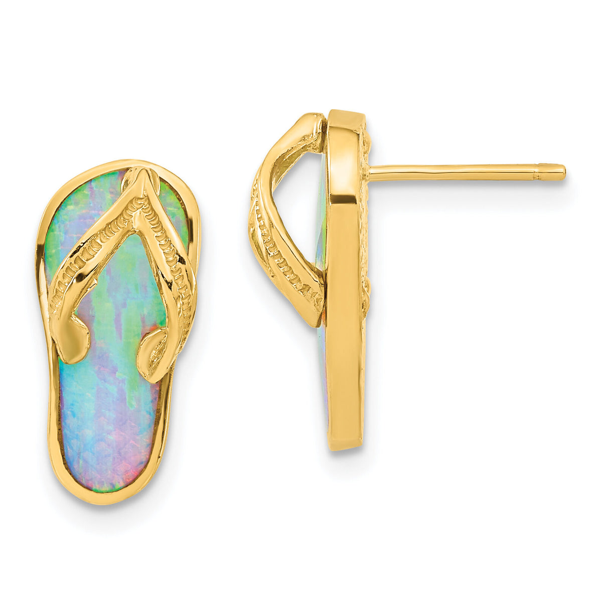 14k Polished w/Created White Opal Flip Flop Post Earrings-TC985