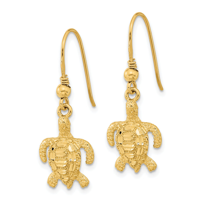 14k Polished & Textured Diamond-cut Turtle Shepherd Hook Earrings-TC996