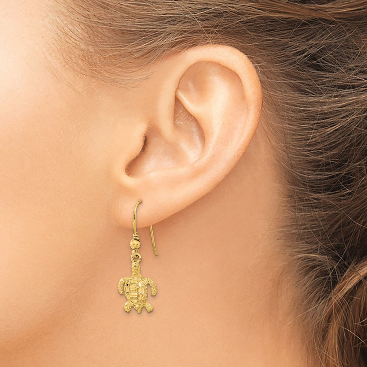 14k Polished & Textured Diamond-cut Turtle Shepherd Hook Earrings-TC996