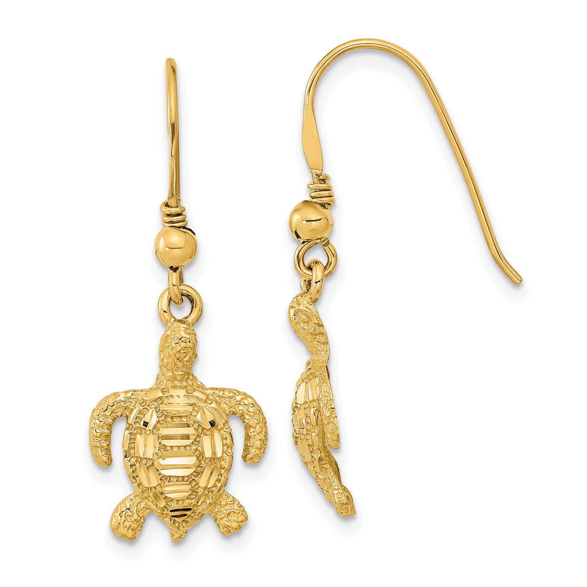 14k Polished & Textured Diamond-cut Turtle Shepherd Hook Earrings-TC996