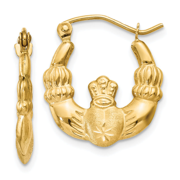 14k Polished and Satin Claddagh Hoop Earrings-TE419