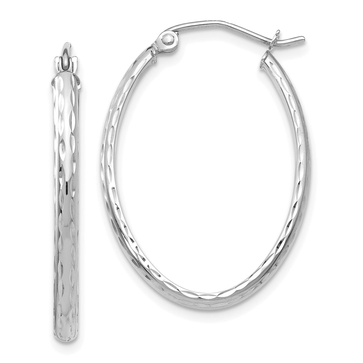 14k White Gold Lightweight Diamond-cut Oval Hoop Earrings-TE513W