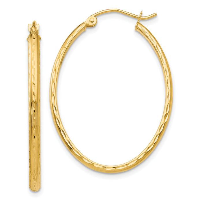 14k Lightweight Diamond-cut Oval Hoop Earrings-TE514