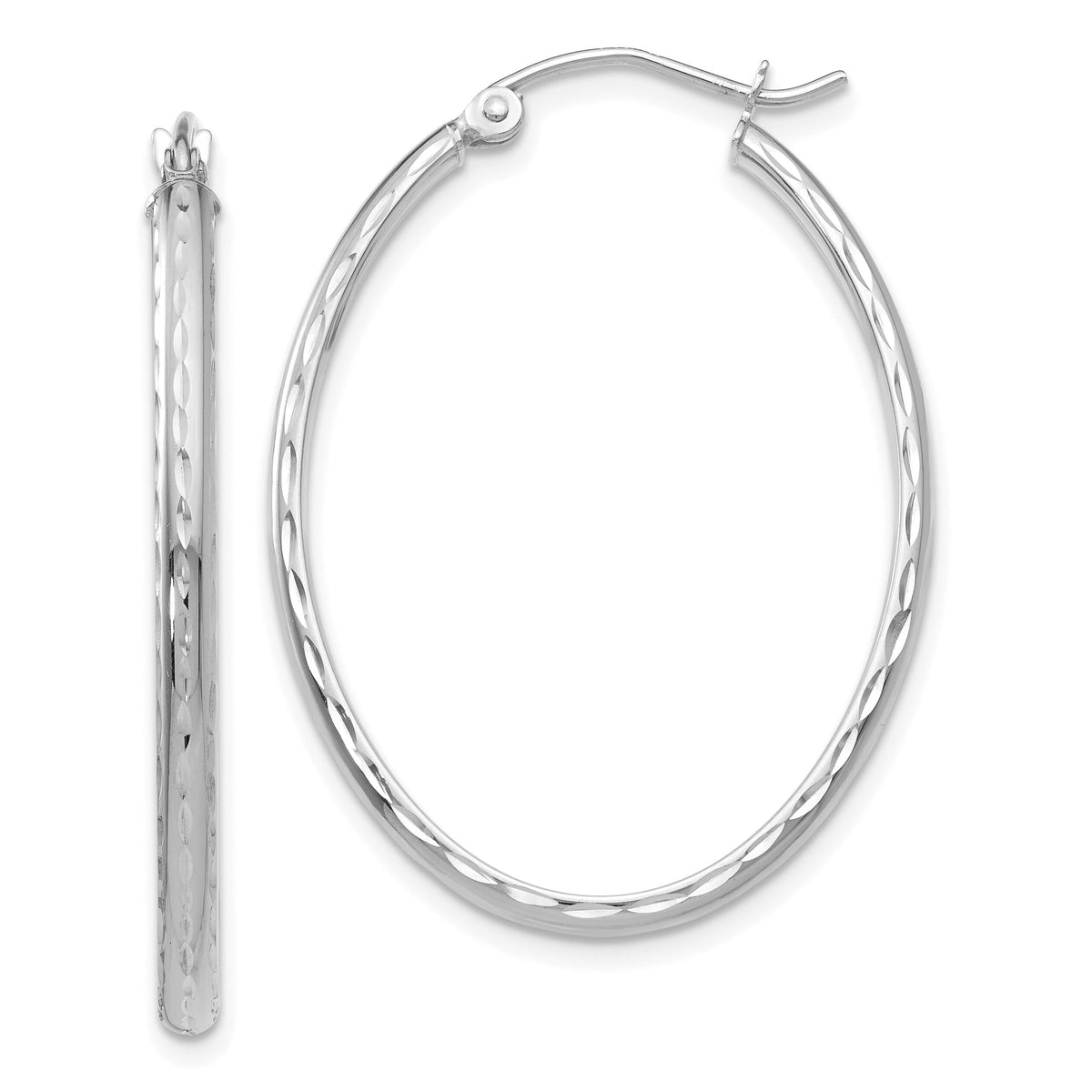 14k White Gold Lightweight Diamond-cut Oval Hoop Earrings-TE514W