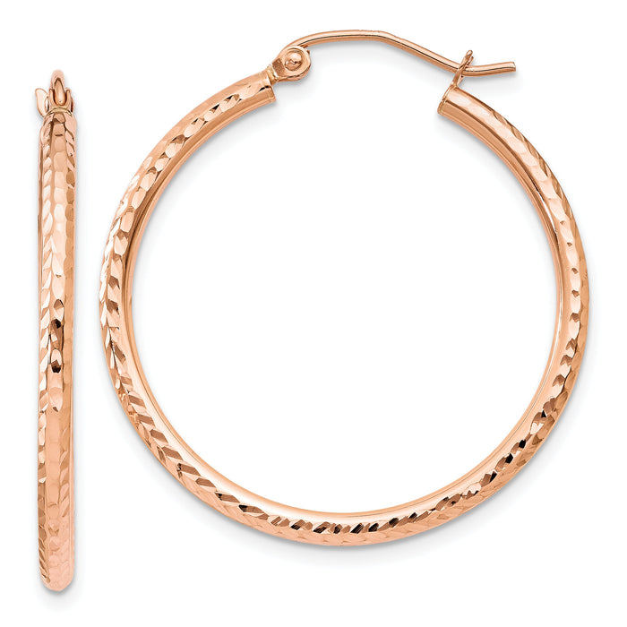 14k Rose Gold Diamond-cut Polished Hoop Earrings-TE518