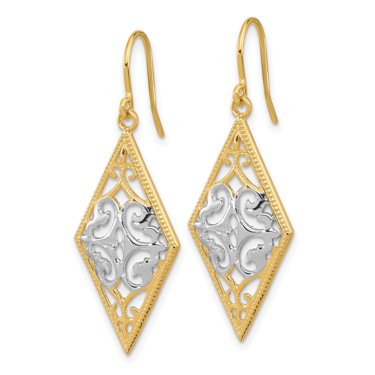 14K & Rhodium Diamond Shape Filigree Dangle Earrings-TE600