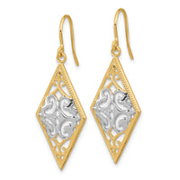 14K & Rhodium Diamond Shape Filigree Dangle Earrings-TE600