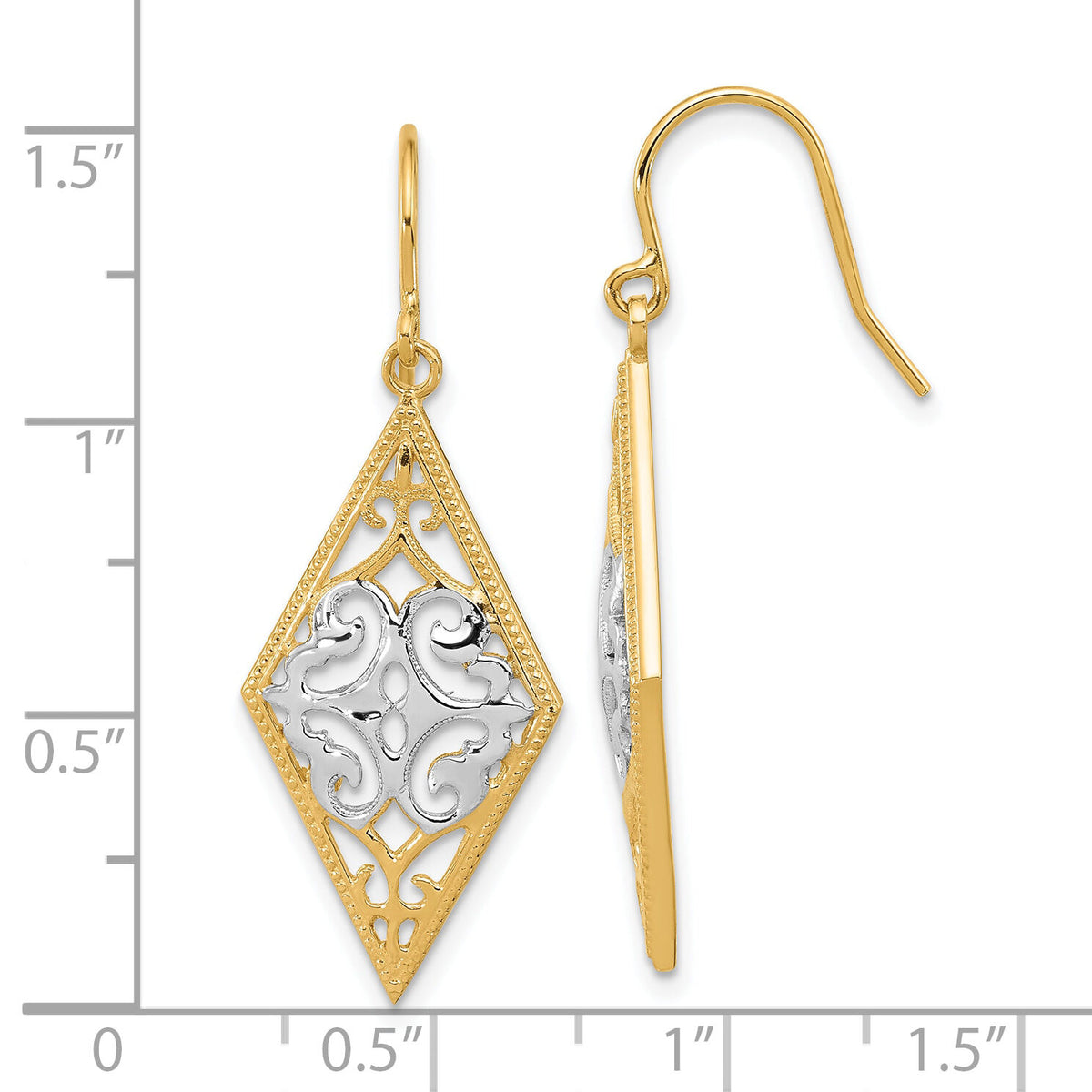 14K & Rhodium Diamond Shape Filigree Dangle Earrings-TE600