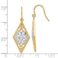 14K & Rhodium Diamond Shape Filigree Dangle Earrings-TE600