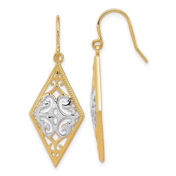 14K & Rhodium Diamond Shape Filigree Dangle Earrings-TE600