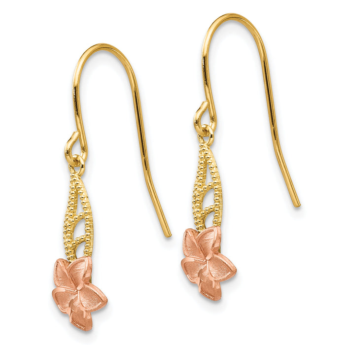 14K Two-tone Fancy Plumeria Dangle Earrings-TE613