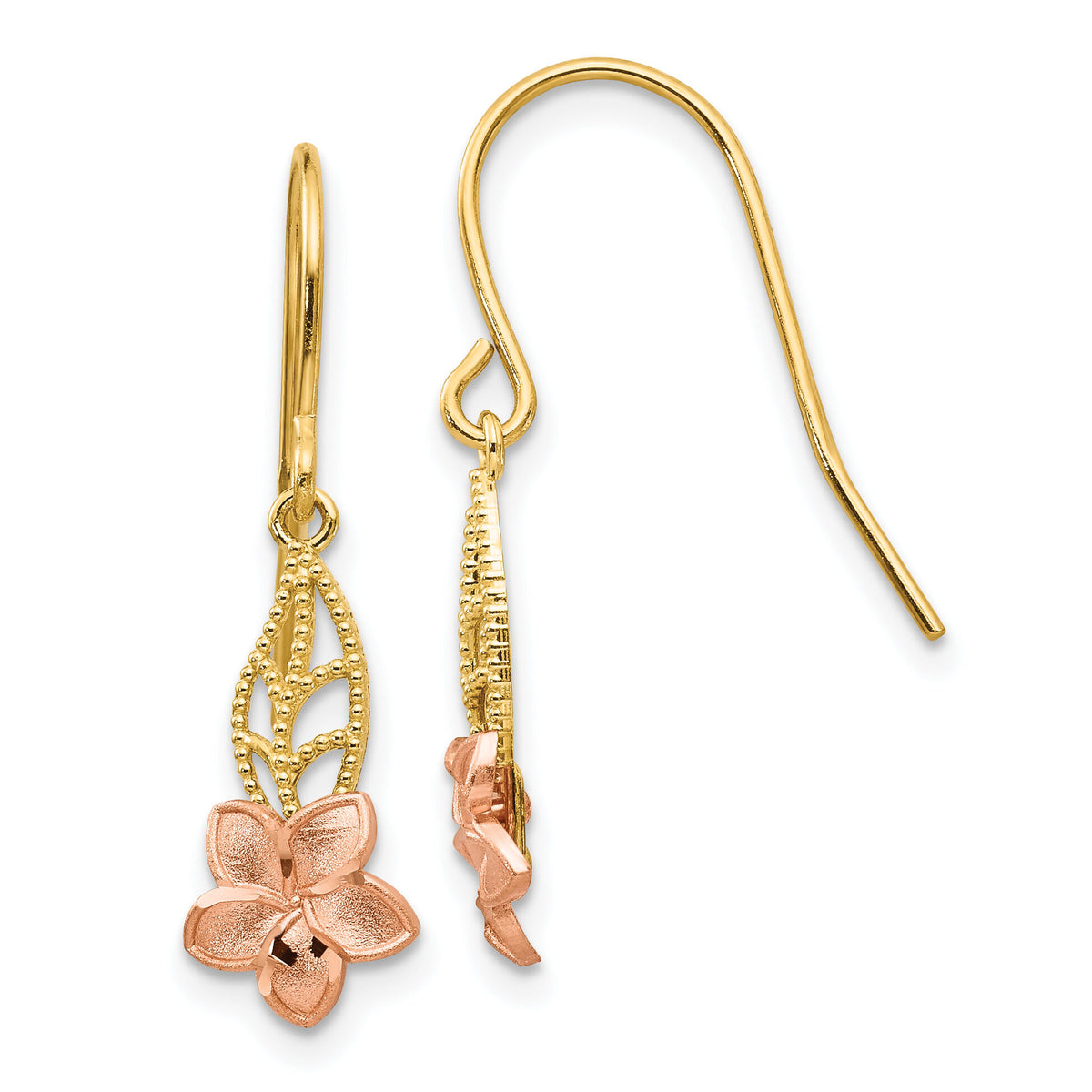 14K Two-tone Fancy Plumeria Dangle Earrings-TE613