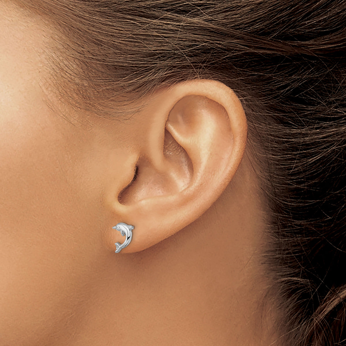 14K White Gold Mini Jumping Dolphin Post Earrings-TE620W