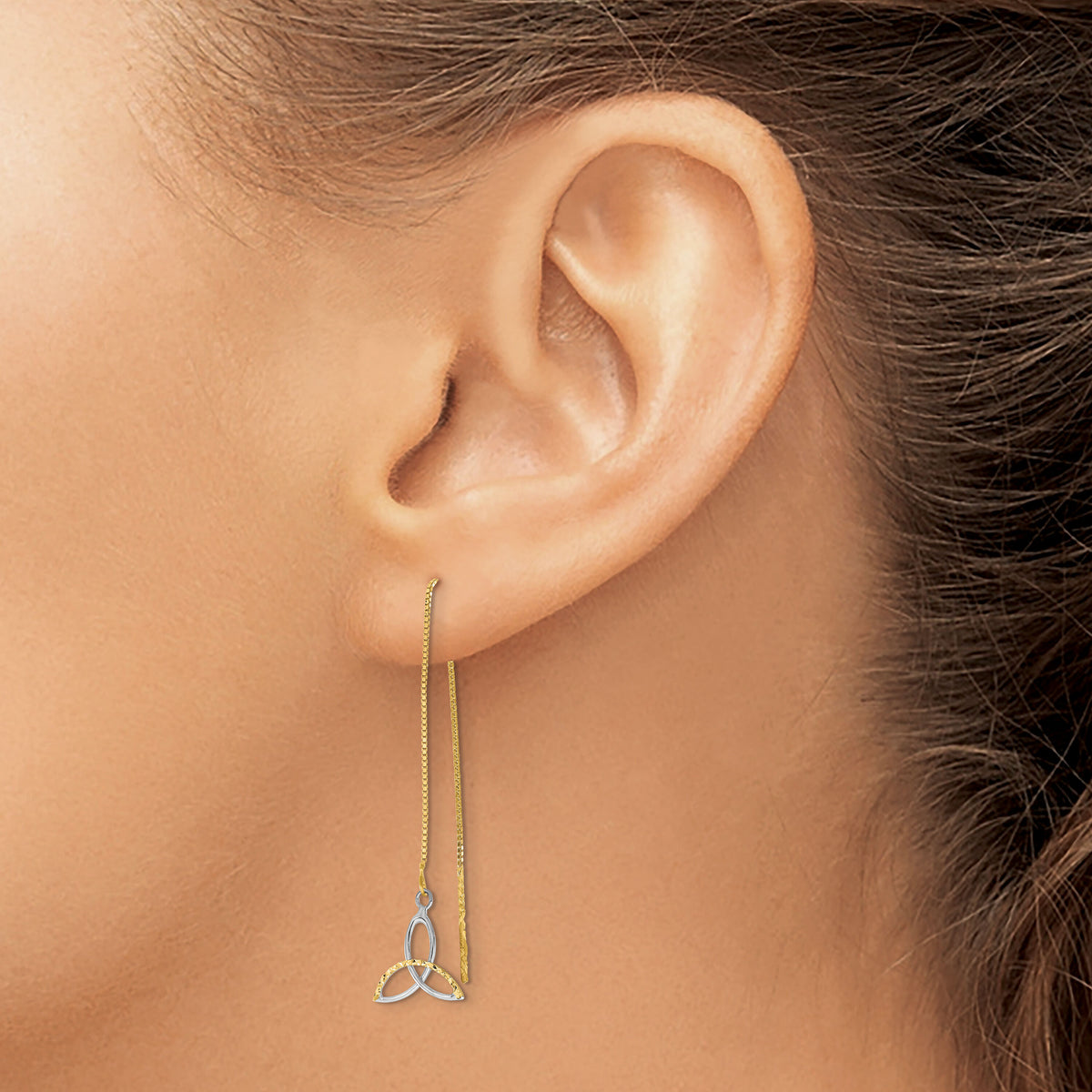 14k w/Rhodium D/C Box Chain Celtic Knot Threader Earrings-TE659