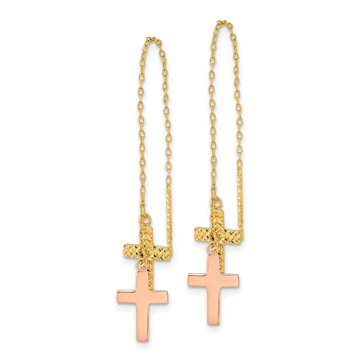 14k Yellow & Rose D/C Polished Crosses Threader Earrings-TE661