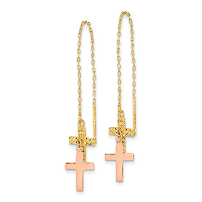14k Yellow & Rose D/C Polished Crosses Threader Earrings-TE661