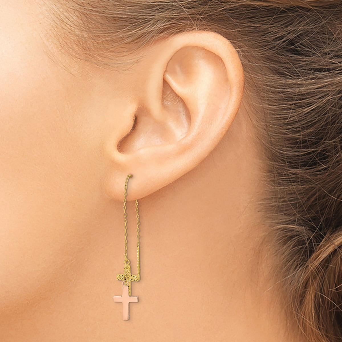 14k Yellow & Rose D/C Polished Crosses Threader Earrings-TE661