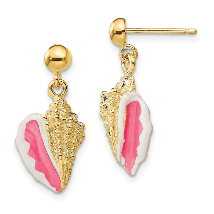 14K White and Pink Enamel Conch Shell Dangle Earrings-TE678